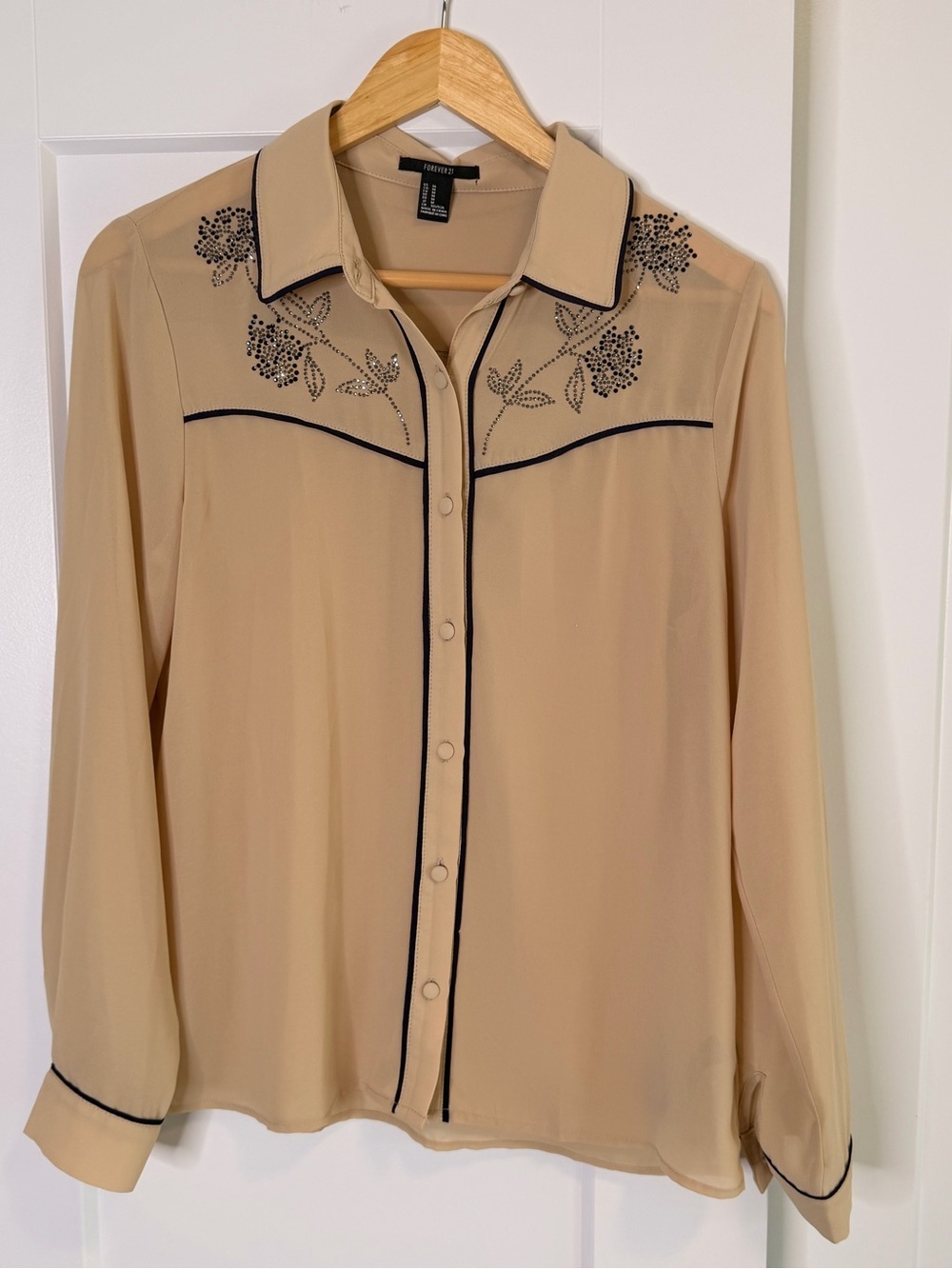 Forever 21 Beige Blouse with Black Piping and Embroidered Yoke